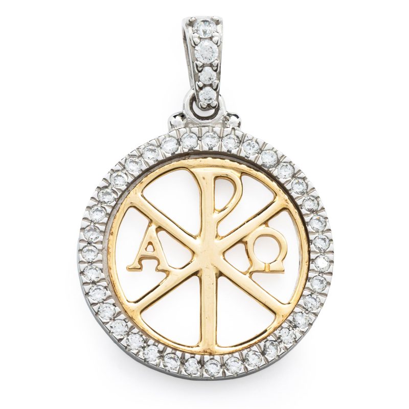 Medaglia con la Croce della Pace in Oro Bianco e Giallo 18kt e Zirconi