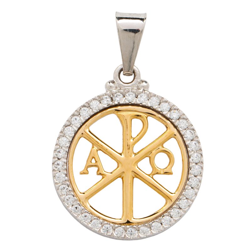 Medaglia con la Croce della Pace in Oro Giallo 18 kt, bordo in Argento 925 e Zirconi