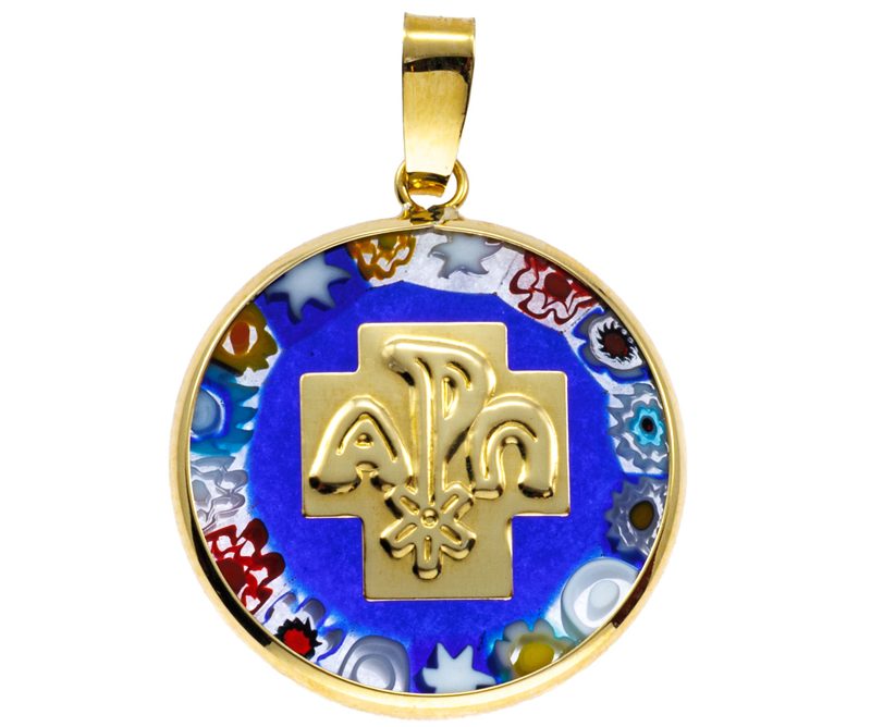 Medaglia con Croce della Pace in Oro Giallo 18 kt e Vetro di Murano