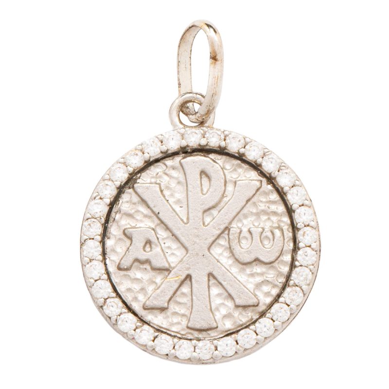 Medaglia della Pace con immagine Mater Ecclesiae in oro 18kt bianco e cristalli