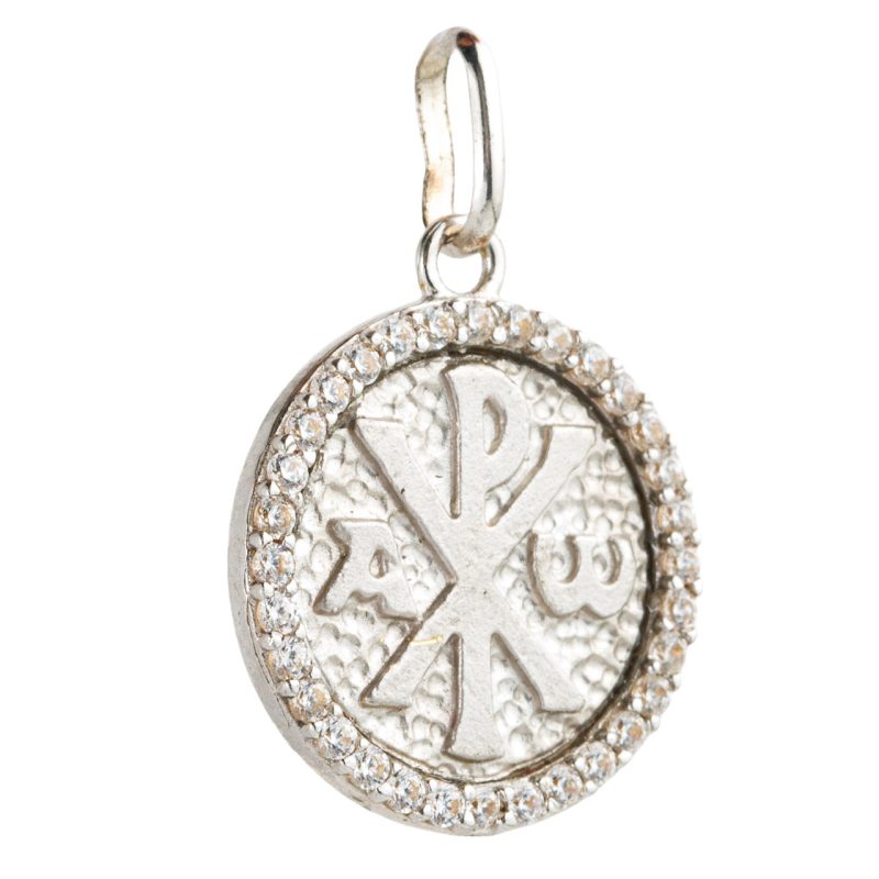 Medaglia della Pace con immagine Mater Ecclesiae in oro 18kt bianco e cristalli