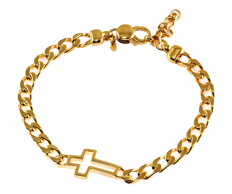 Bracciale con croce e catena groumette spessa argento dorato