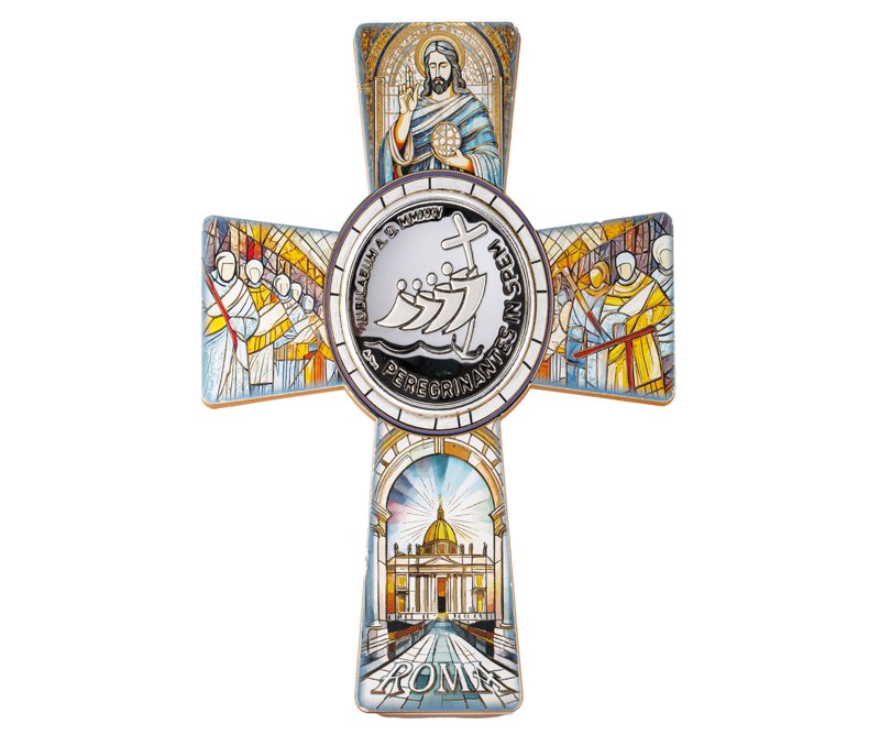 Croce del Giubileo 2025 con placca in Microsilver con Logo, da muro o da appoggio