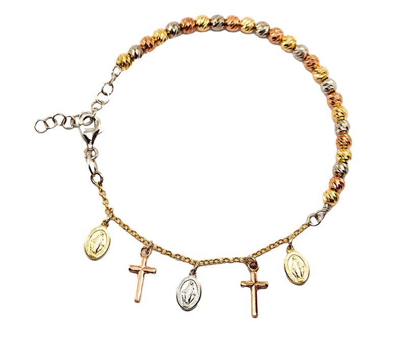 Bracciale tricolore con medaglie Miracolose e croci argento dorato e rosato