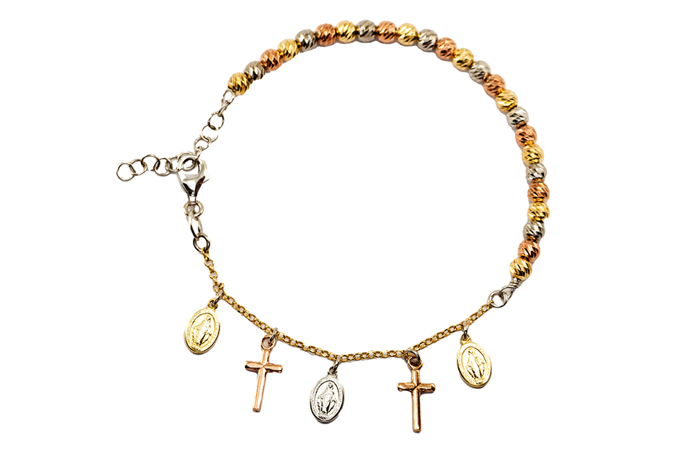 _MG_3381 Bracciale tricolore con medaglie Miracolose e croci argento dorato e rosato