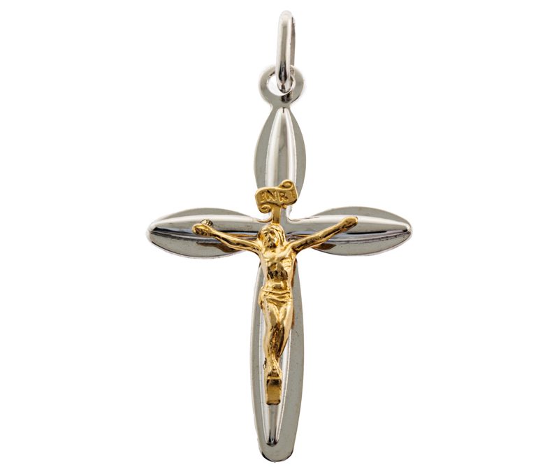 crocifisso bicolore lucido in argento 925 e argento dorato