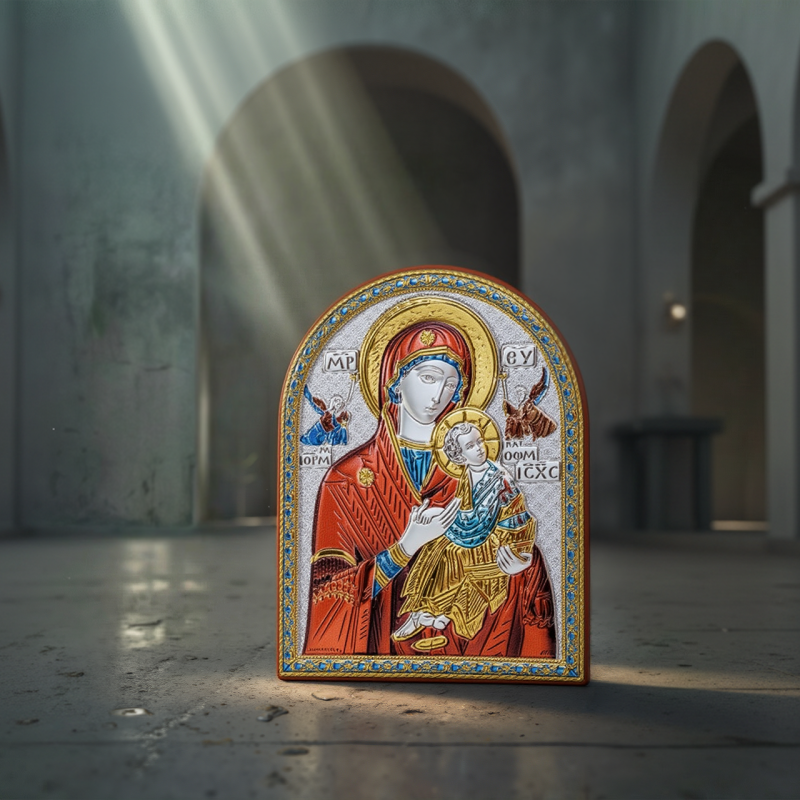 Quadro Madonna del Perpetuo Soccorso in Argento bilaminato e dettagli colorati