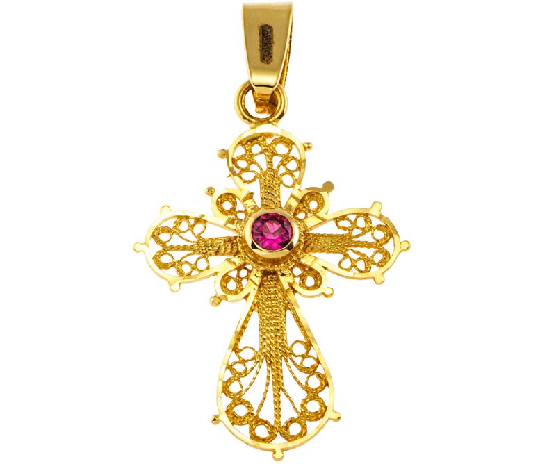 Croce filigrana in oro 18kt e pietra semipreziosa
