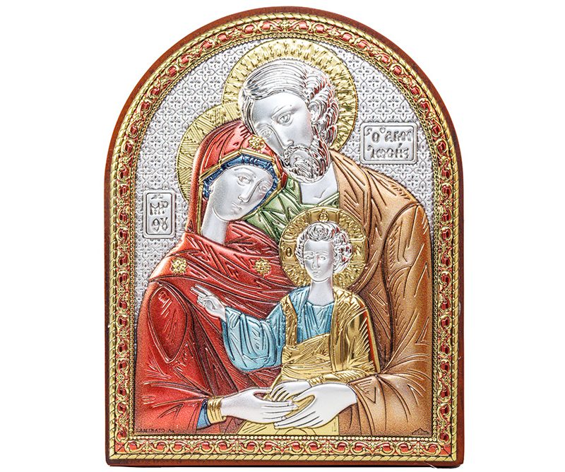 Quadro Sacra Famiglia argento bilaminato e dettagli colorati