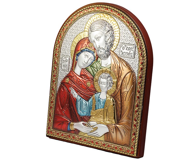 Quadro Sacra Famiglia argento bilaminato e dettagli colorati