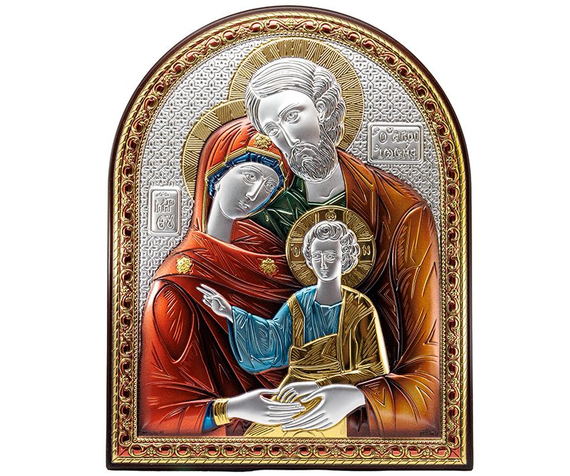 Quadro Sacra Famiglia argento bilaminato e dettagli colorati
