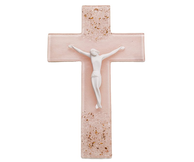 Crocifisso in vetro di Murano stile moderno con corpo in resina, rosa cipria