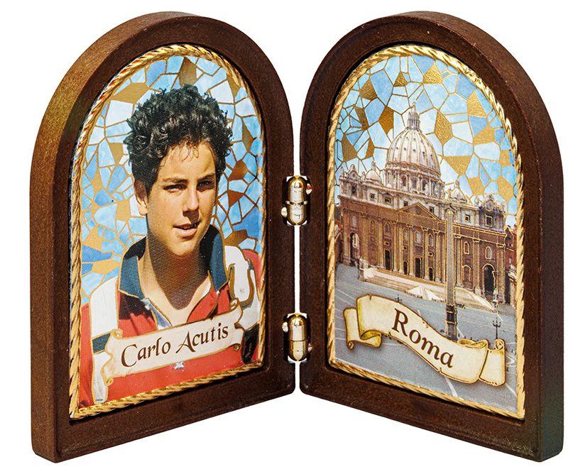 Dittico Carlo Acutis e Basilica San Pietro effetto legno