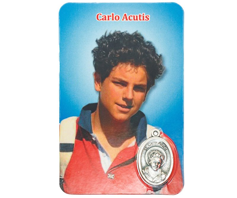 Santino plastificato con la medaglia di Carlo Acutis