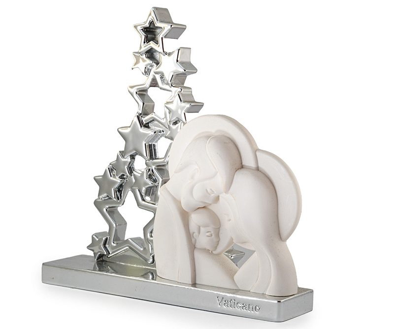 Statua della Sacra Famiglia con albero stilizzato argento