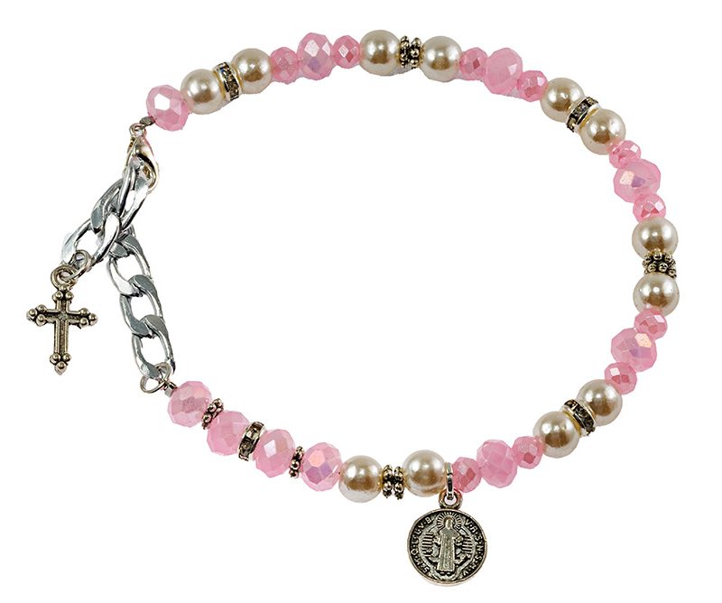 Bracciale regolabile cristallo rosa e perla con la Medaglia di San Benedetto