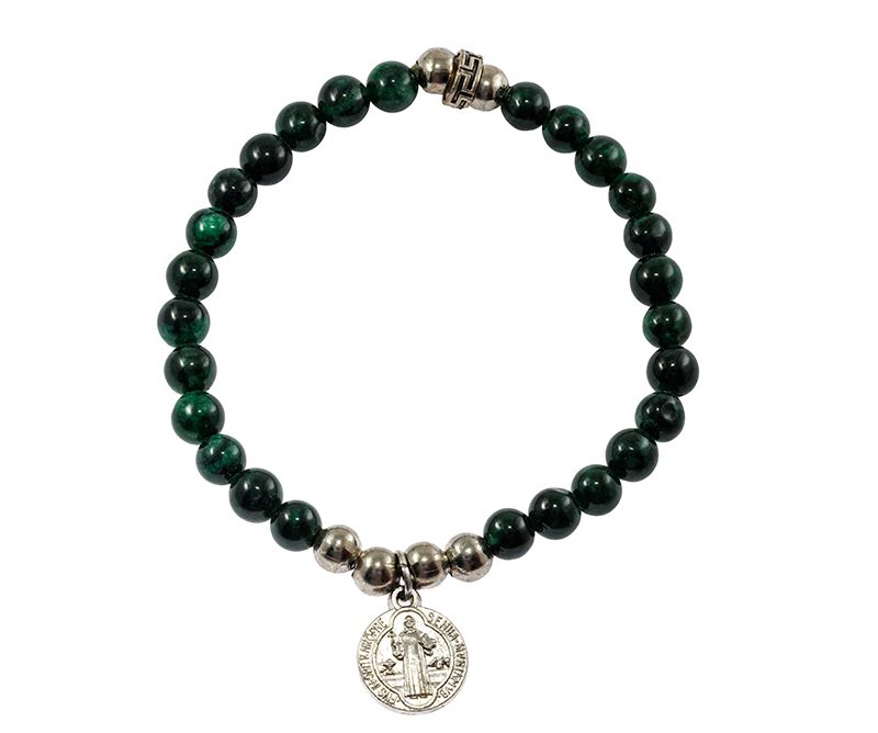 Bracciale elastico in pietre dure Malachite e Medaglia di San Benedetto
