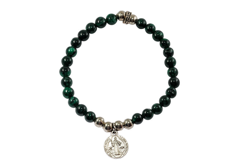 Bracciale elastico in pietre dure Malachite e Medaglia di San Benedetto
