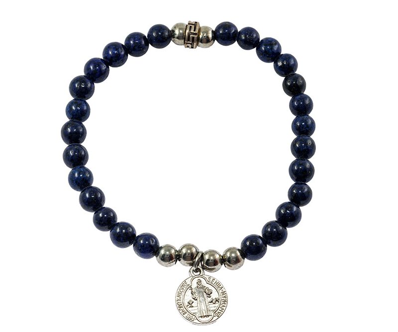 Bracciale elastico in pietre dure Lapislazzuli e Medaglia di San Benedetto