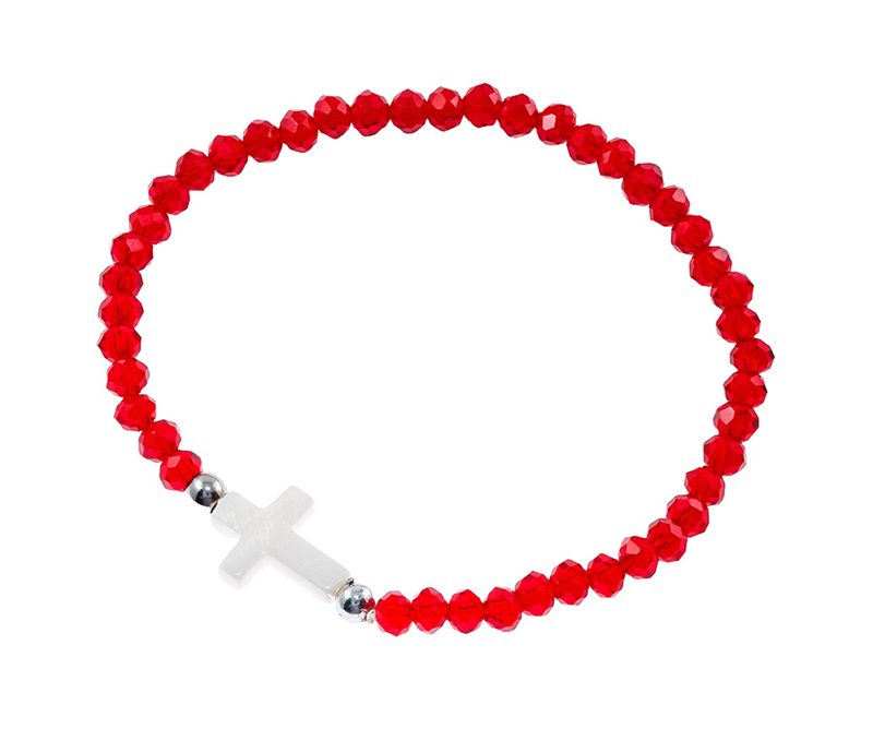 Bracciale elastico con cristalli rossi e crocetta madreperla