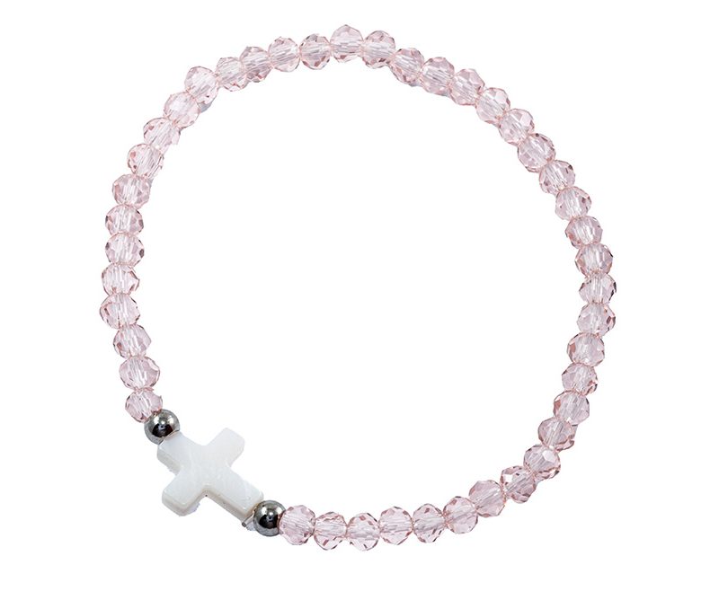 Bracciale elastico con cristalli rosa e crocetta madreperla