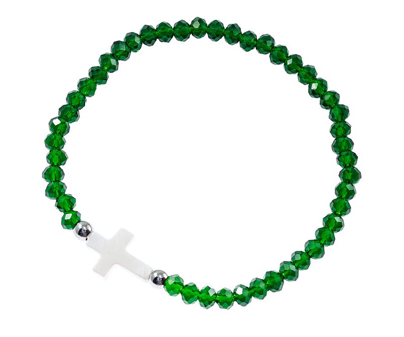 Bracciale elastico con cristalli verdi e crocetta madreperla