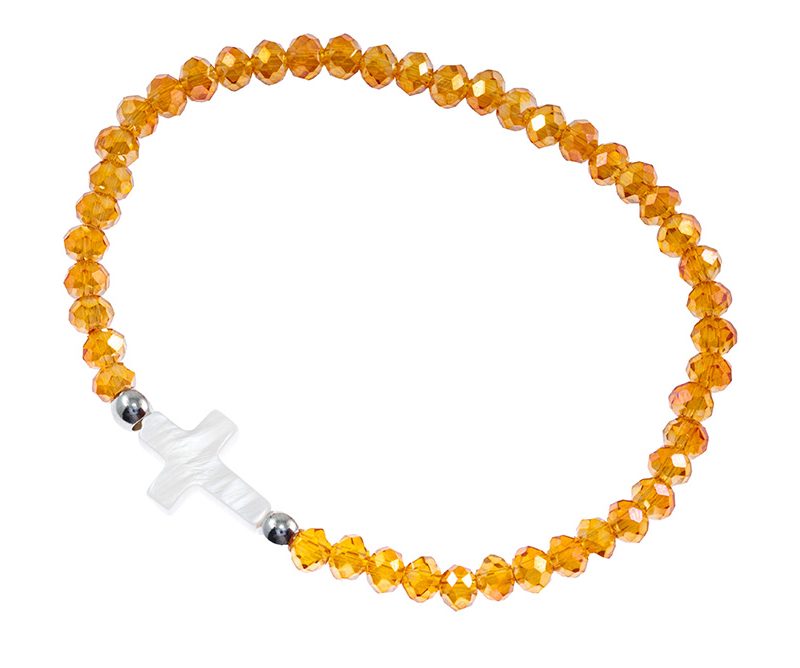 Bracciale elastico con cristalli ambra e crocetta madreperla