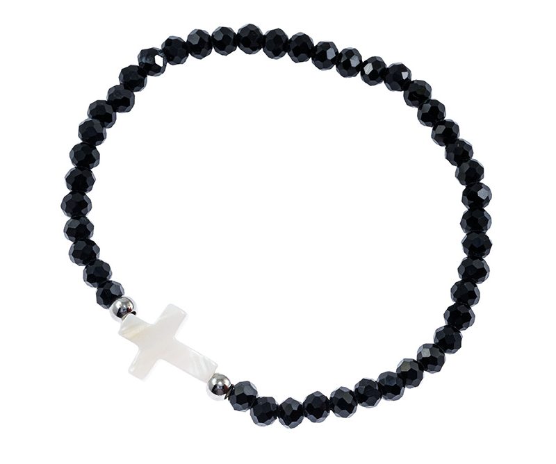 Bracciale elastico con cristalli neri e crocetta madreperla