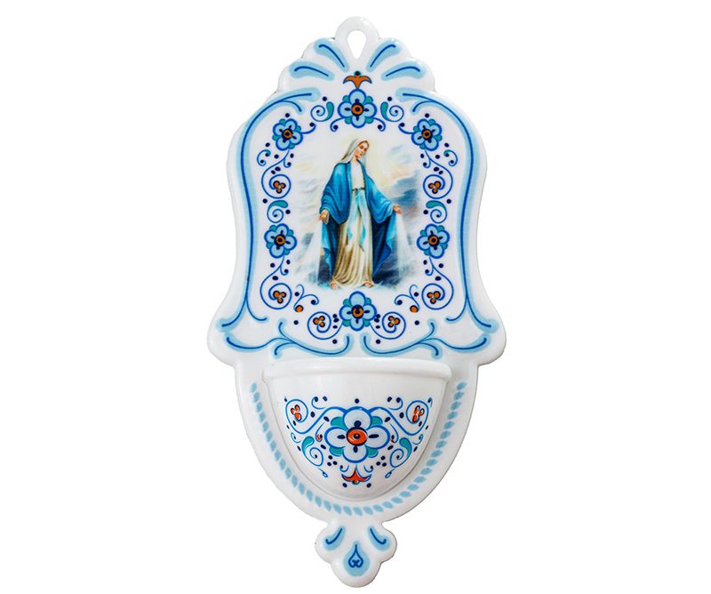 Acquasantiera con la Madonna Miracolosa effetto ceramica