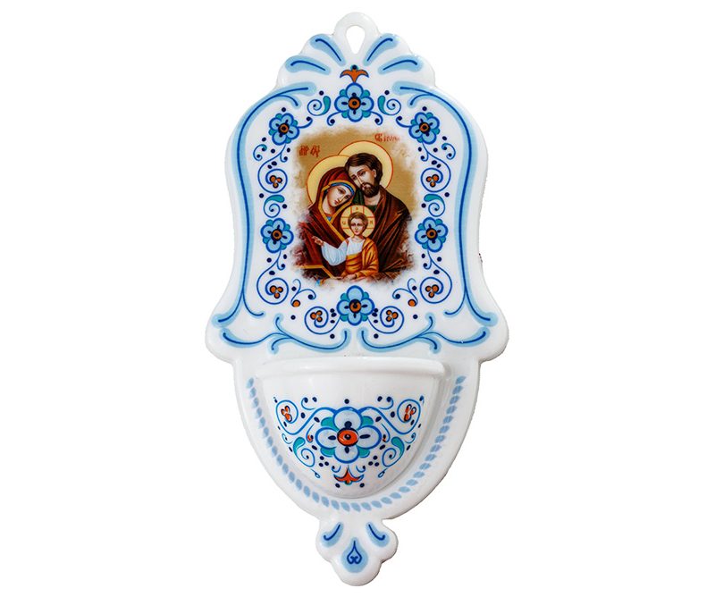 Acquasantiera con la Sacra Famiglia effetto ceramica