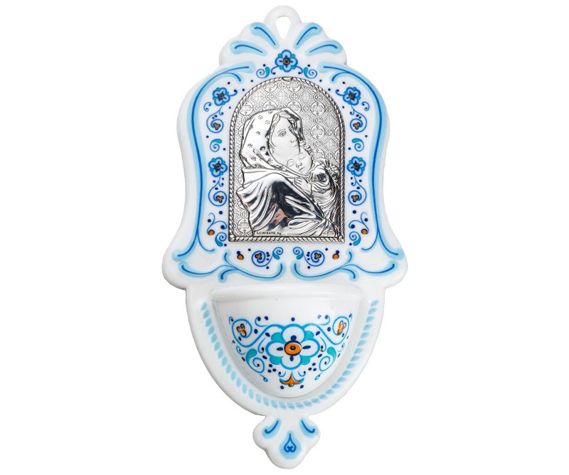 Acquasantiera con la Madonna di Ferruzzi bilaminato argento