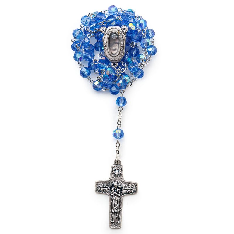Rosario in Cristallo Celeste con Gocce d'Acqua Santa e Croce del Buon Pastore