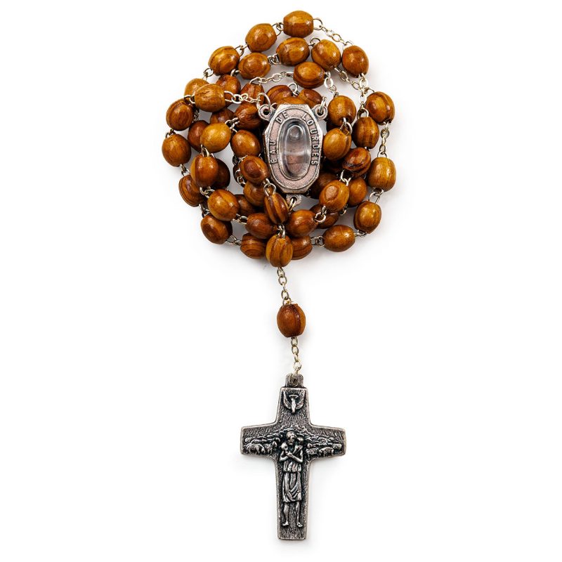 Rosario in legno con Gocce d'Acqua Santa e la Croce del Buon Pastore