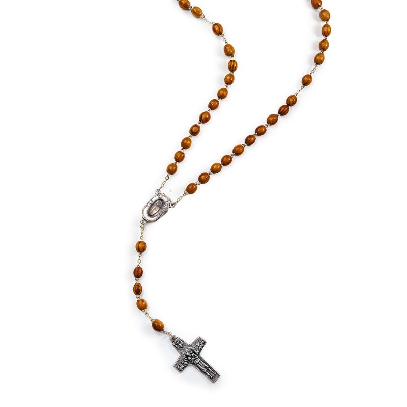 Rosario in legno con Gocce d'Acqua Santa e la Croce del Buon Pastore
