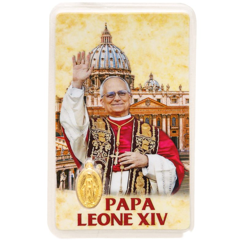 Santino plastificato multilingue di Papa Leone XIV