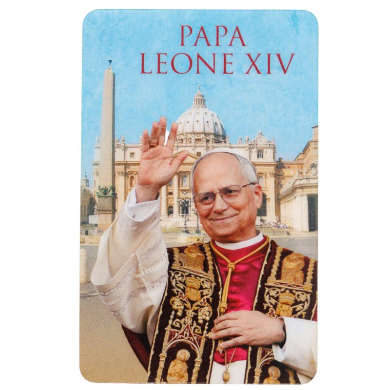 Santino plastificato multilingue di Papa Leone XIV