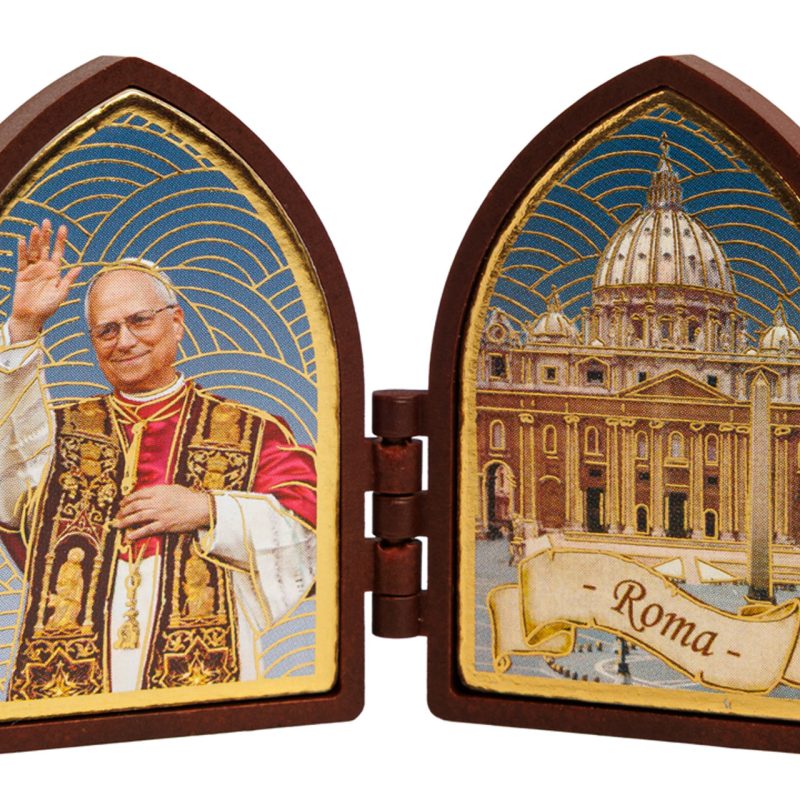 Mini dittico con Papa Leone XIV e Piazza San Pietro effetto legno