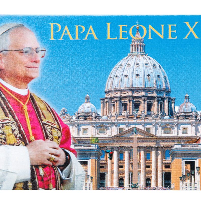 Santino plastificato multilingue di Papa Leone XIV