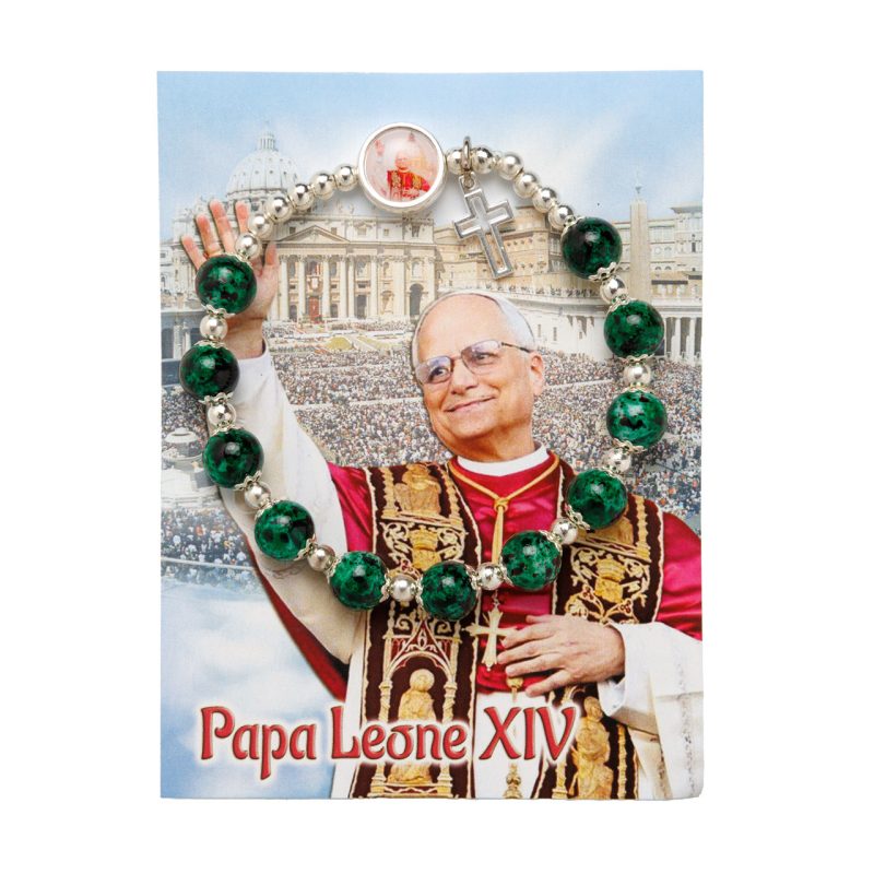 Bracciale rosario elastico in vetro con medaglia di Papa Leone XIV