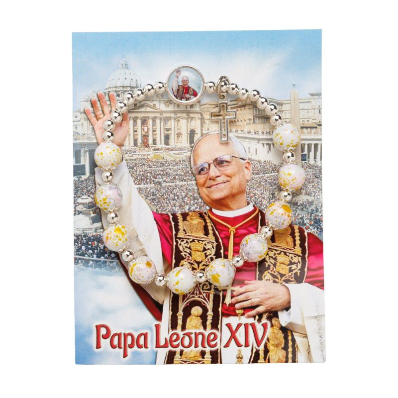 Bracciale rosario elastico in vetro con la medaglia di Papa Leone XIV