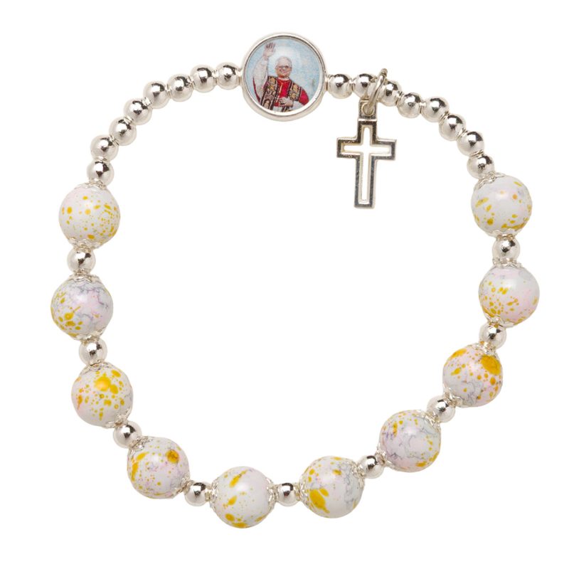 Bracciale rosario elastico in vetro con la medaglia di Papa Leone XIV