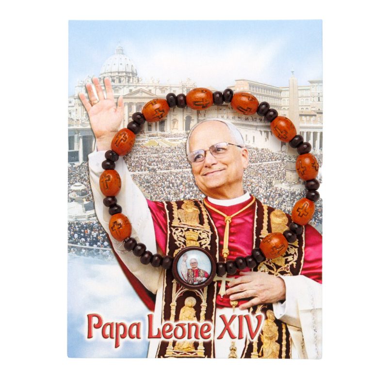 Bracciale rosario elastico in legno con la medaglia di Papa Leone XIV