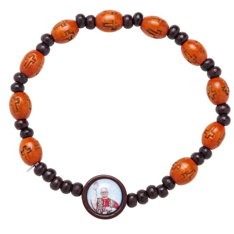 Bracciale rosario elastico in legno con la medaglia di Papa Leone XIV