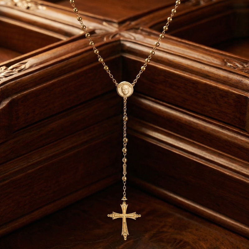 Rosario con Papa Leone XIV in argento dorato