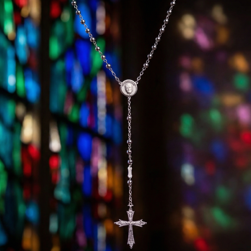 Rosario con Papa Leone XIV in argento
