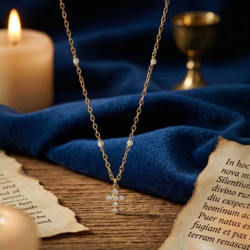 Collana con ciondolo croce in argento dorato e cristalli