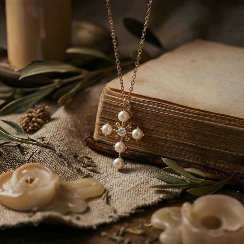 Collana con ciondolo croce in argento dorato e cristalli