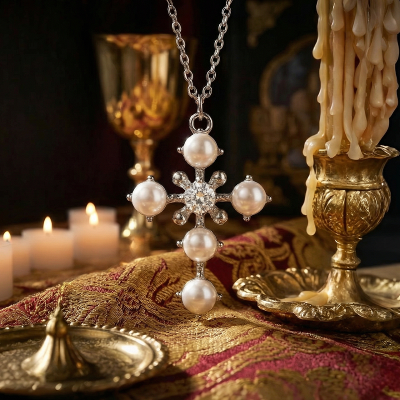 Collana con ciondolo croce in argento e cristalli