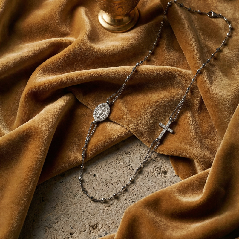 Rosario collana con la Medaglia Miracolosa in argento e cristalli