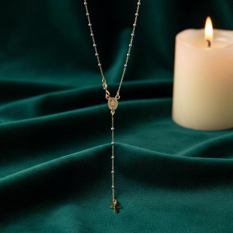 Rosario collana bicolore con la Medaglia Miracolosa in oro bianco e giallo 18 kt
